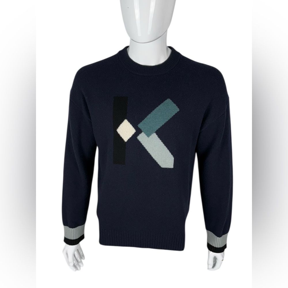 Kenzo Mens Medium Sweater Wool Nylon Blend Blue Knit Logo Triko Crewneck Casual - Picture 2 of 10